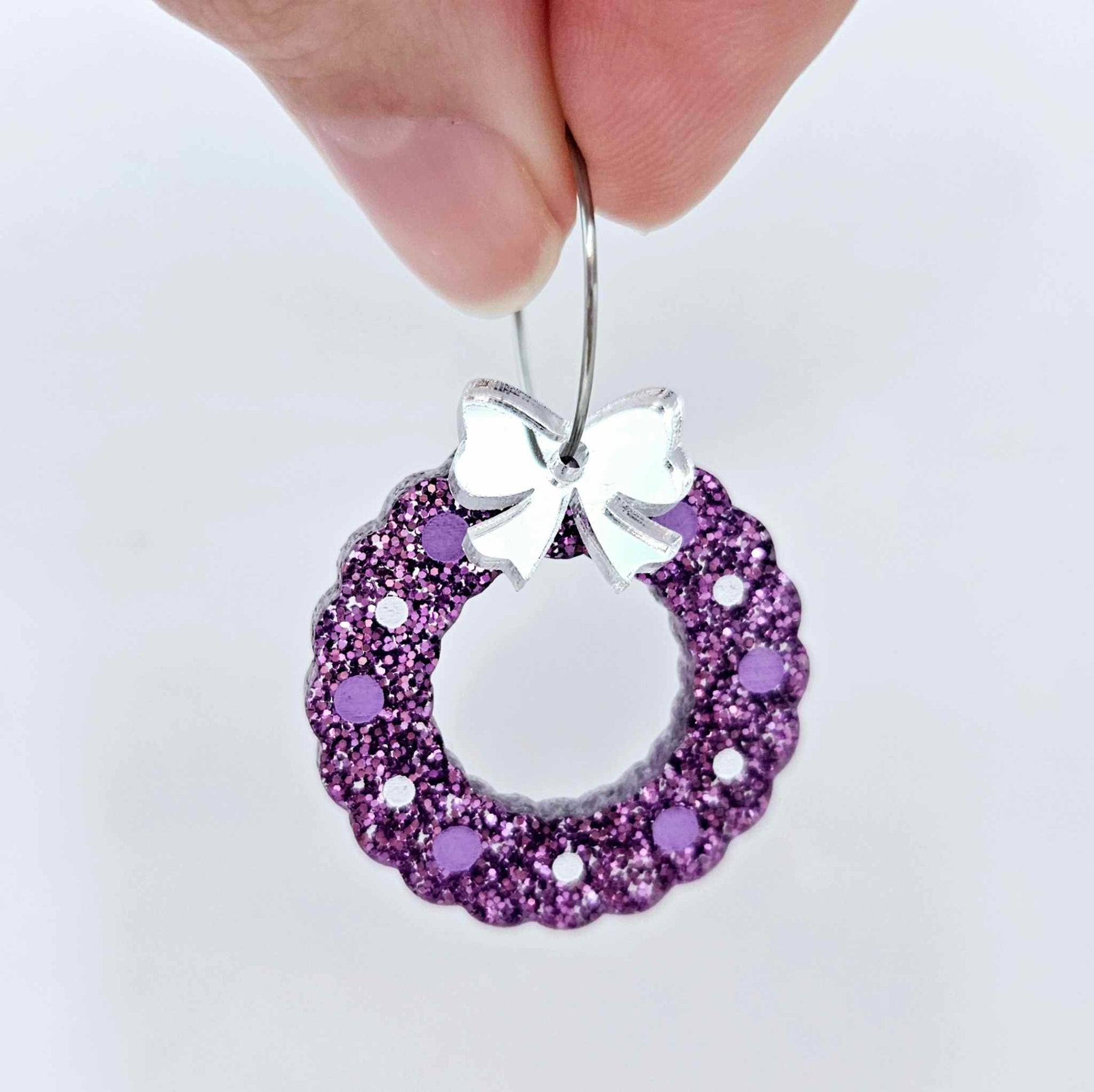 purple glitter wreath Christmas Xmas bows DIY earring supplies laser cut acrylic dangles blanks engraved paint filled baubles layered hoops
