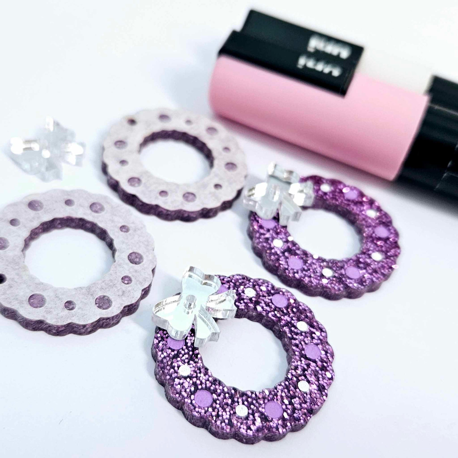 purple glitter wreath Christmas Xmas bows DIY earring supplies laser cut acrylic dangles blanks engraved paint filled baubles layered hoops