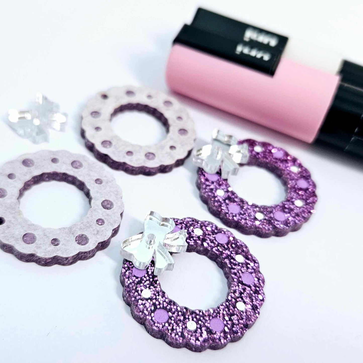hot pink purple teal fairy dust clear silver glitter wreath Christmas Xmas bows DIY earring supplies laser cut acrylic dangles blanks engraved paint filled baubles layered hoops mixed pack