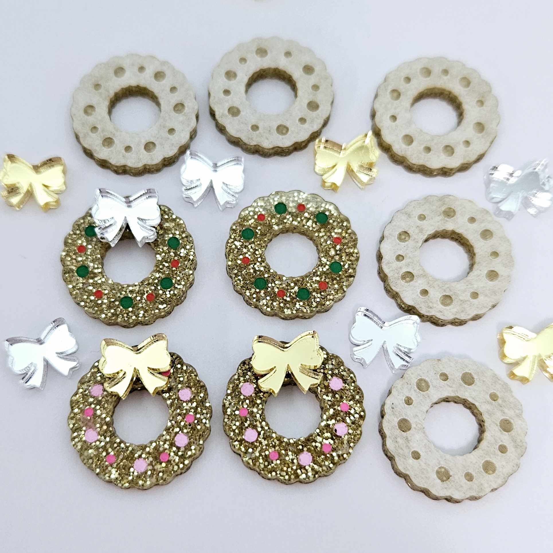 gold glitter wreath Christmas Xmas silver mirror bows DIY earring supplies laser cut acrylic studs blanks engraved paint filled baubles statement