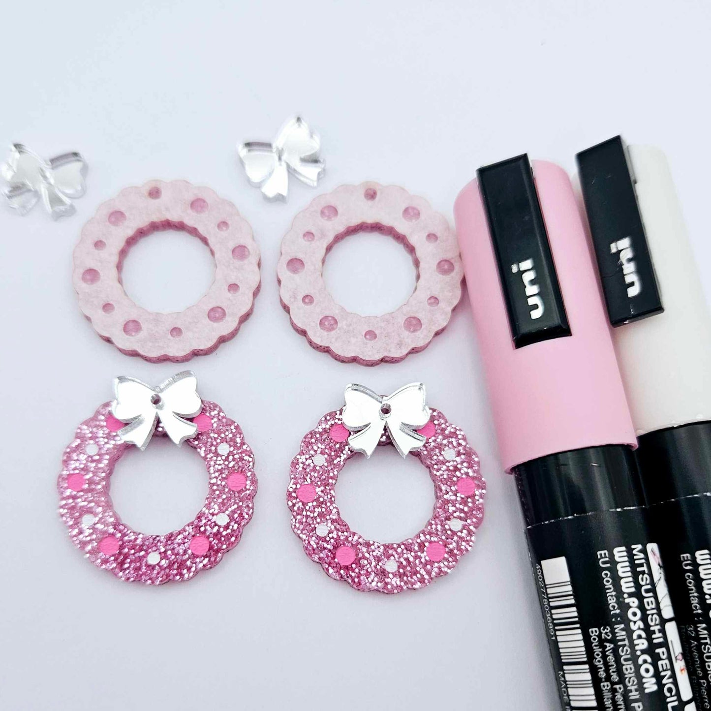 pink glitter wreath Christmas Xmas bows DIY earring supplies laser cut acrylic dangles blanks engraved paint filled baubles layered hoops
