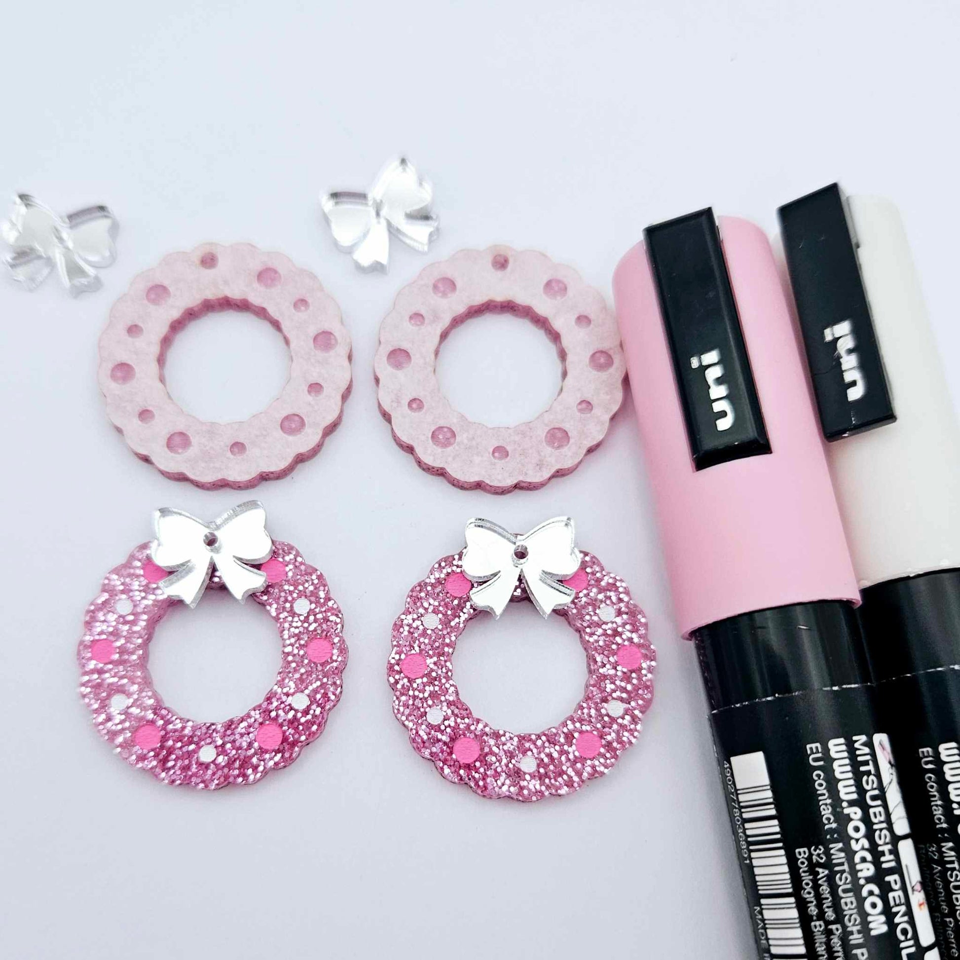 pink glitter wreath Christmas Xmas bows DIY earring supplies laser cut acrylic dangles blanks engraved paint filled baubles layered hoops