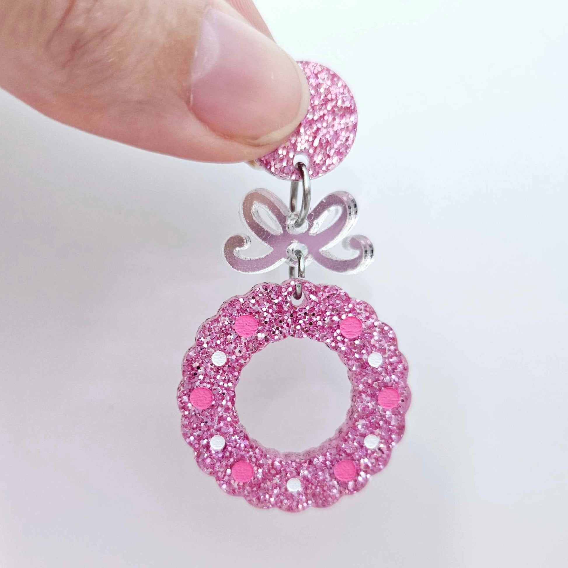pink glitter wreath Christmas Xmas bows DIY earring supplies laser cut acrylic dangles blanks engraved paint filled baubles layered hoops