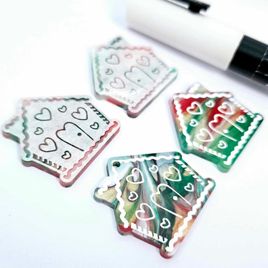 red green white gold shimmer swirl marble gingerbread houses Christmas Xmas DIY earring supplies laser cut acrylic dangles blanks engraved paint fill icing frosting