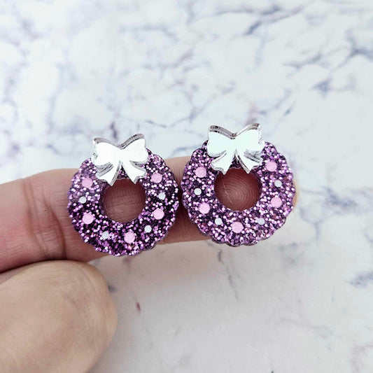 purple glitter wreath Christmas Xmas silver mirror bows DIY earring supplies laser cut acrylic studs blanks engraved paint filled baubles statement