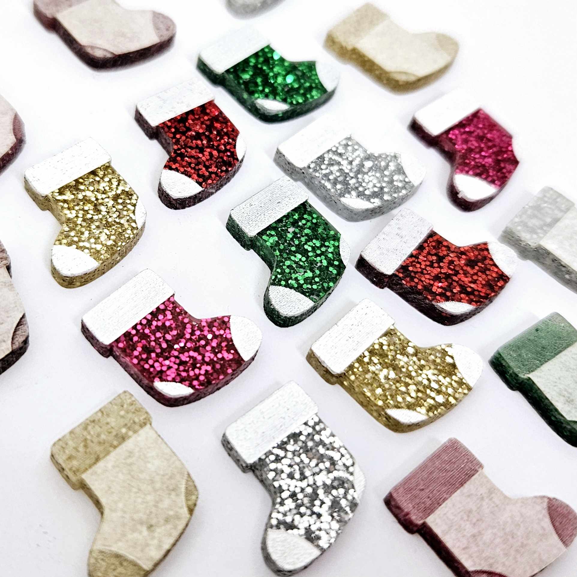 red green gold hot pink silver glitter stockings Christmas Xmas DIY earring supplies laser cut acrylic studs blanks paint fill engraved mixed pack