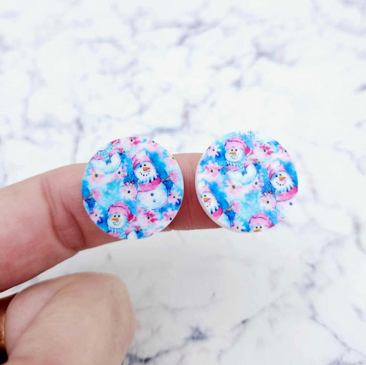 20mm circle snowman wonderland pink blue UV print Christmas Xmas DIY earring supplies laser cut acrylic studs blanks