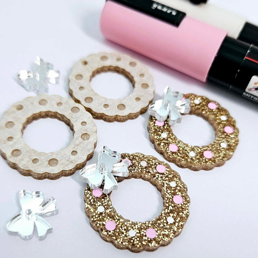 rose gold glitter wreath Christmas Xmas bows DIY earring supplies laser cut acrylic dangles blanks engraved paint filled baubles layered hoops