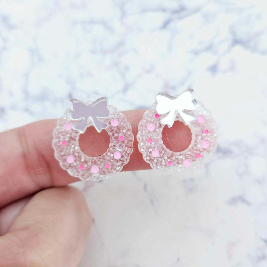 fairy dust silver clear glitter wreath Christmas Xmas silver mirror bows DIY earring supplies laser cut acrylic studs blanks engraved paint filled baubles statement