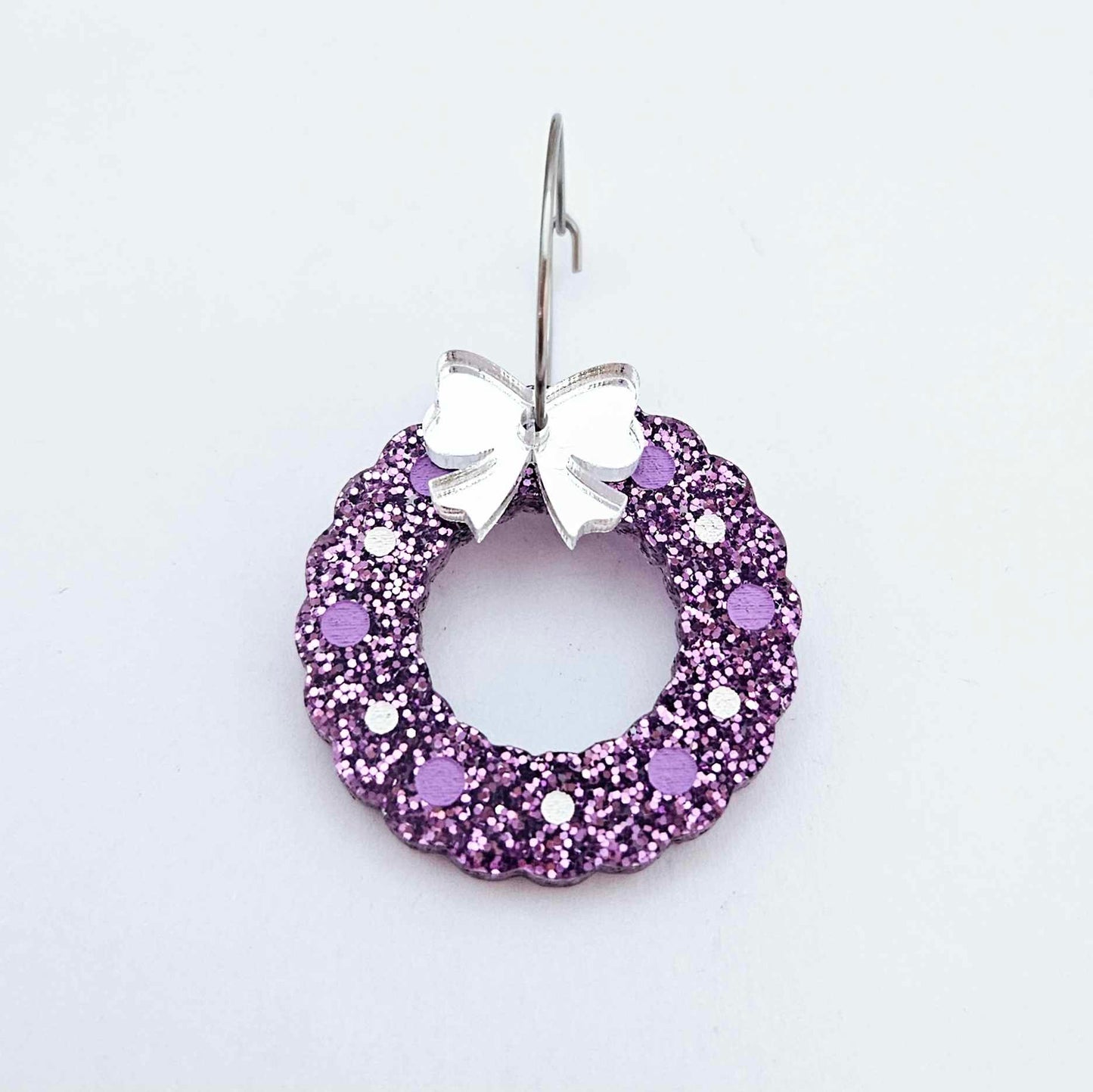 purple glitter wreath Christmas Xmas bows DIY earring supplies laser cut acrylic dangles blanks engraved paint filled baubles layered hoops