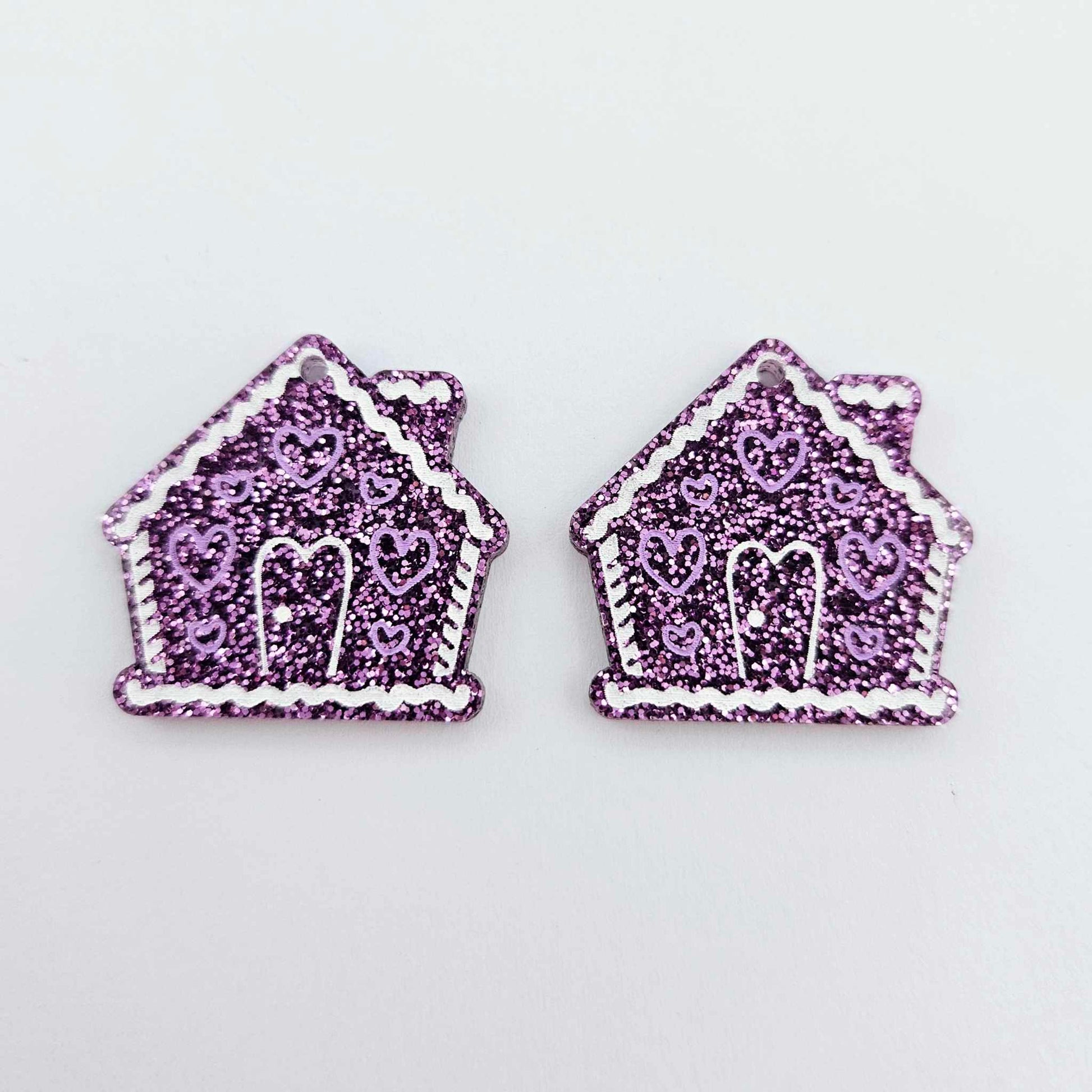 purple glitter gingerbread houses Christmas Xmas DIY earring supplies laser cut acrylic dangles blanks engraved paint fill icing frosting