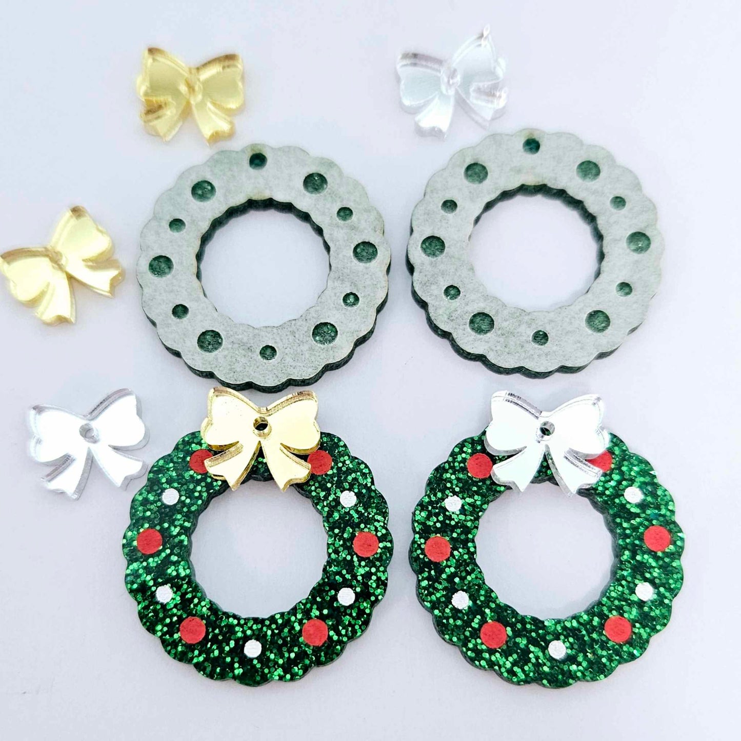 green glitter wreath Christmas Xmas bows DIY earring supplies laser cut acrylic dangles blanks engraved paint filled baubles layered hoops