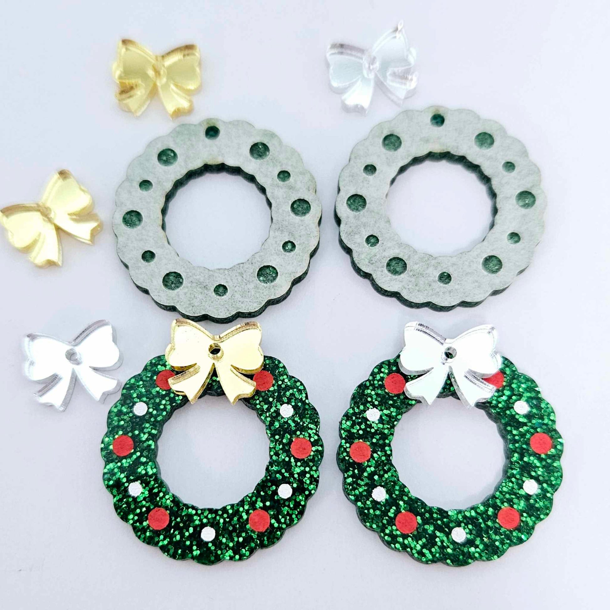 green glitter wreath Christmas Xmas bows DIY earring supplies laser cut acrylic dangles blanks engraved paint filled baubles layered hoops