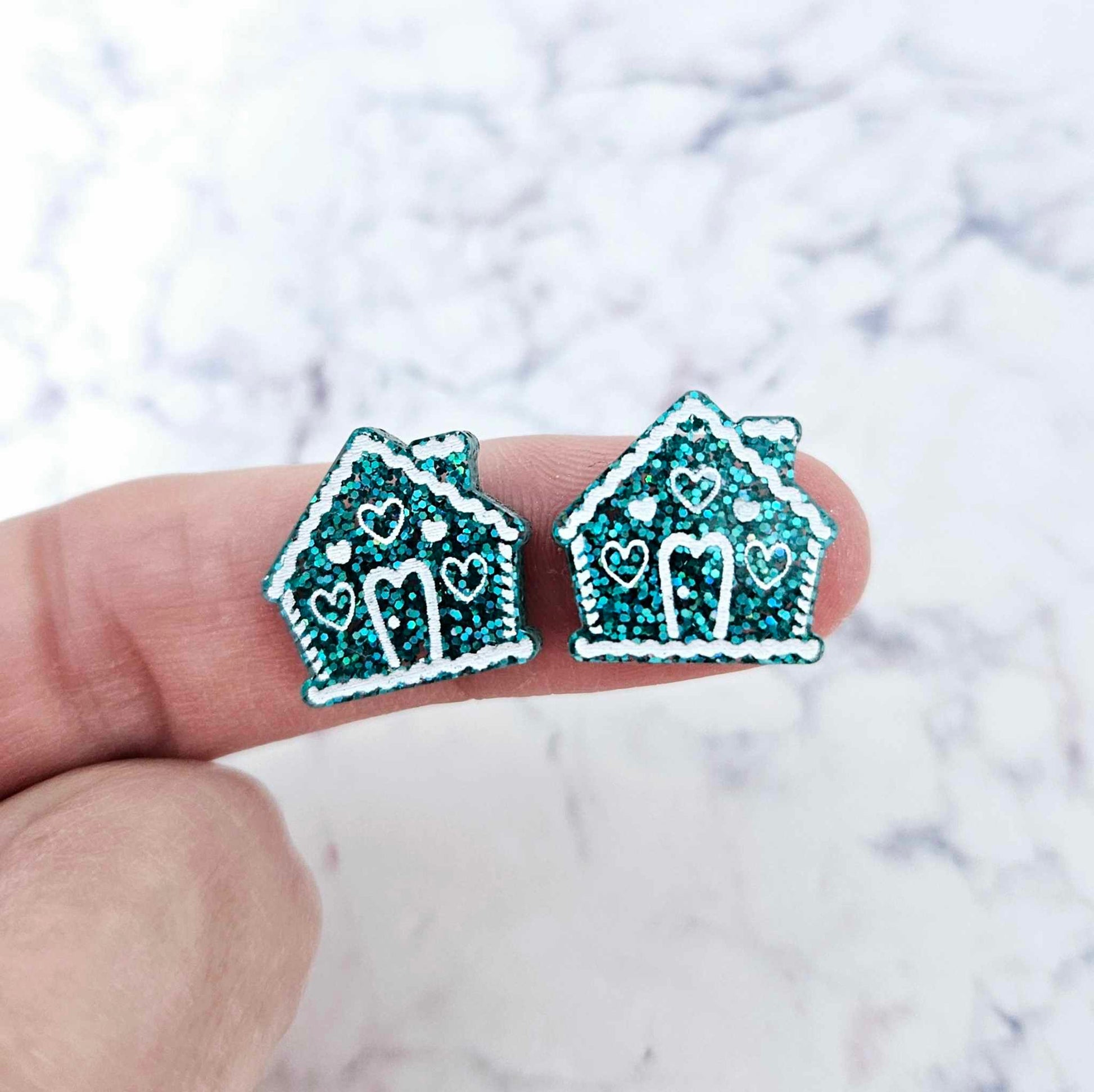 teal glitter gingerbread houses Christmas Xmas DIY earring supplies laser cut acrylic studs blanks engraved paint fill icing frosting
