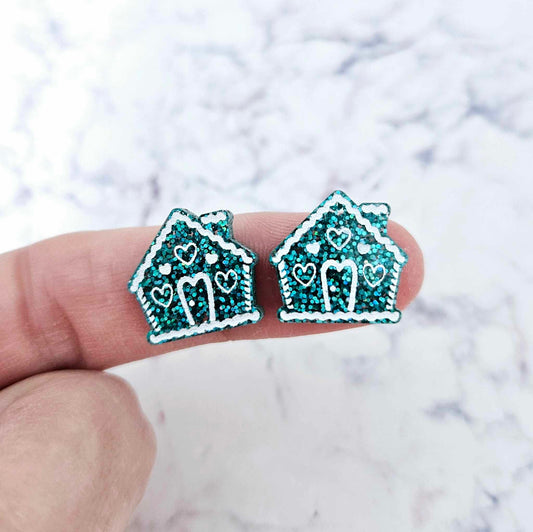 teal glitter gingerbread houses Christmas Xmas DIY earring supplies laser cut acrylic studs blanks engraved paint fill icing frosting