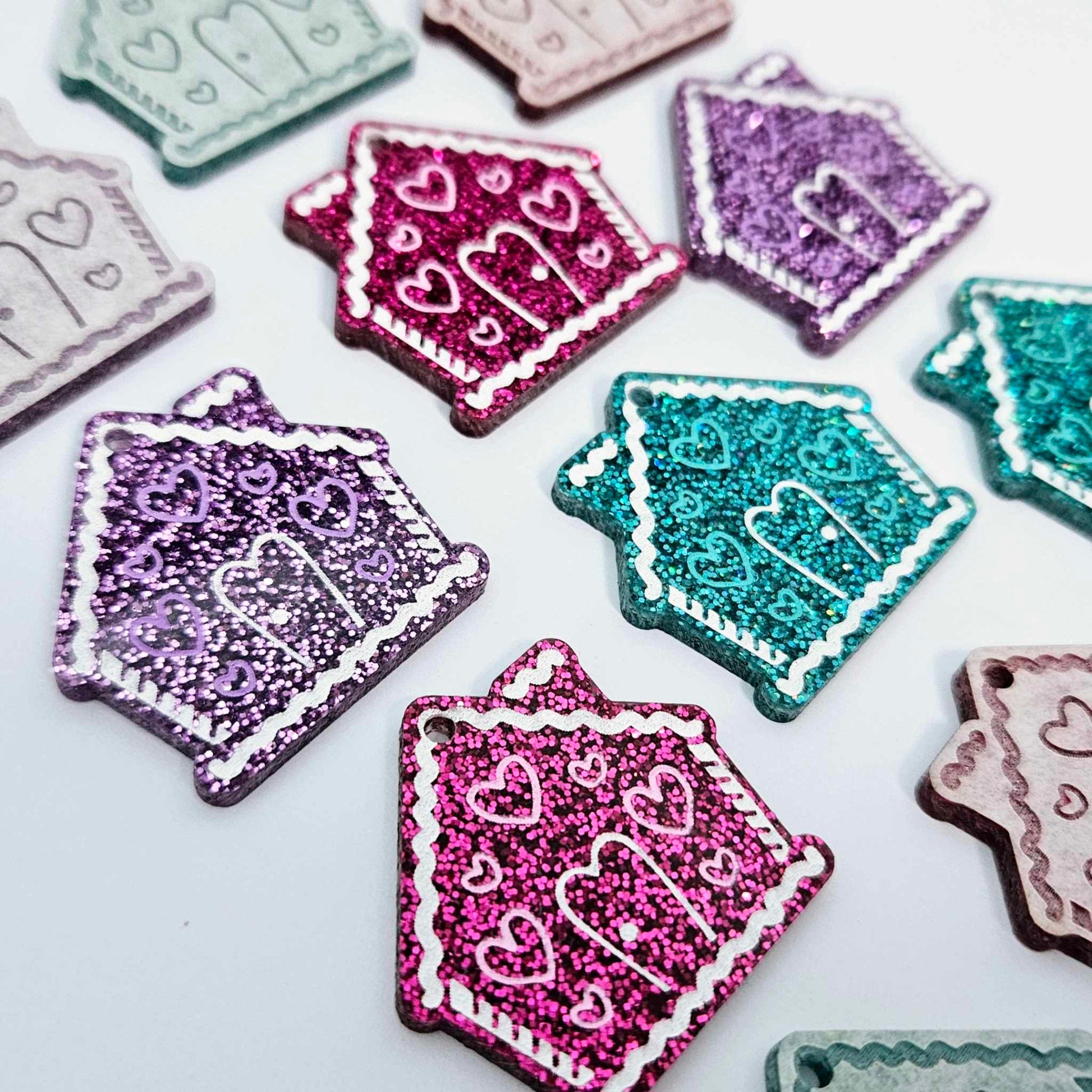 hot pink teal purple glitter gingerbread houses Christmas Xmas DIY earring supplies laser cut acrylic dangles blanks engraved paint fill icing frosting mixed pack