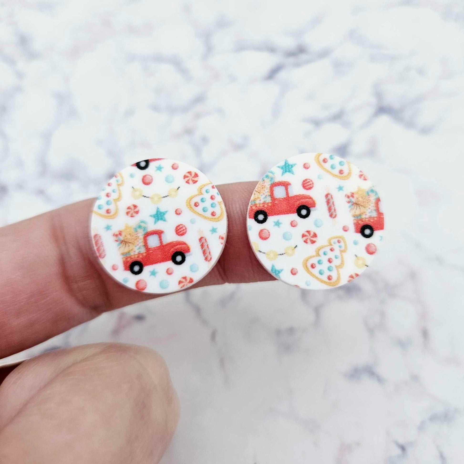 20mm circle vintage red truck gingerbread cookie candy UV print Christmas Xmas DIY earring supplies laser cut acrylic studs blanks