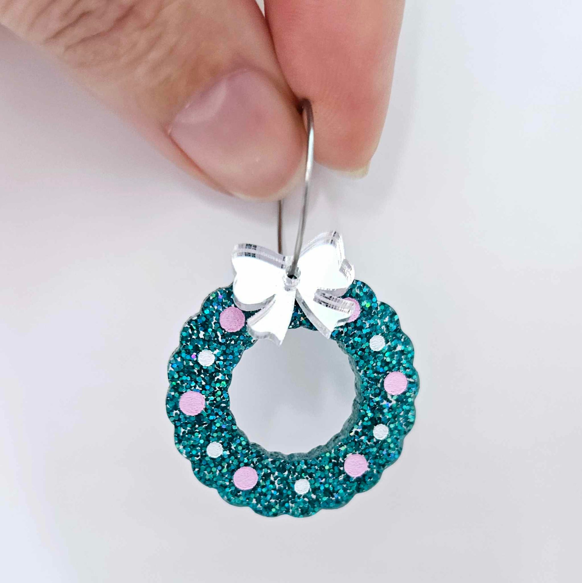 teal glitter wreath Christmas Xmas bows DIY earring supplies laser cut acrylic dangles blanks engraved paint filled baubles layered hoops