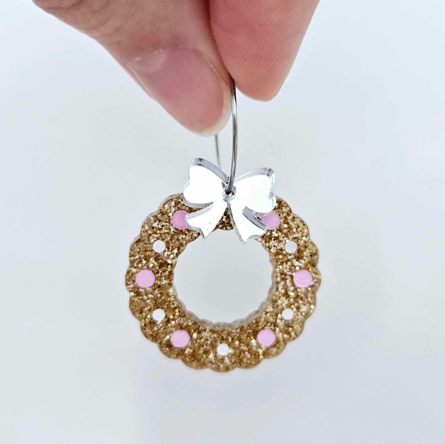 rose gold glitter wreath Christmas Xmas bows DIY earring supplies laser cut acrylic dangles blanks engraved paint filled baubles layered hoops