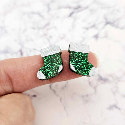green glitter stockings Christmas Xmas DIY earring supplies laser cut acrylic studs blanks paint fill engraved