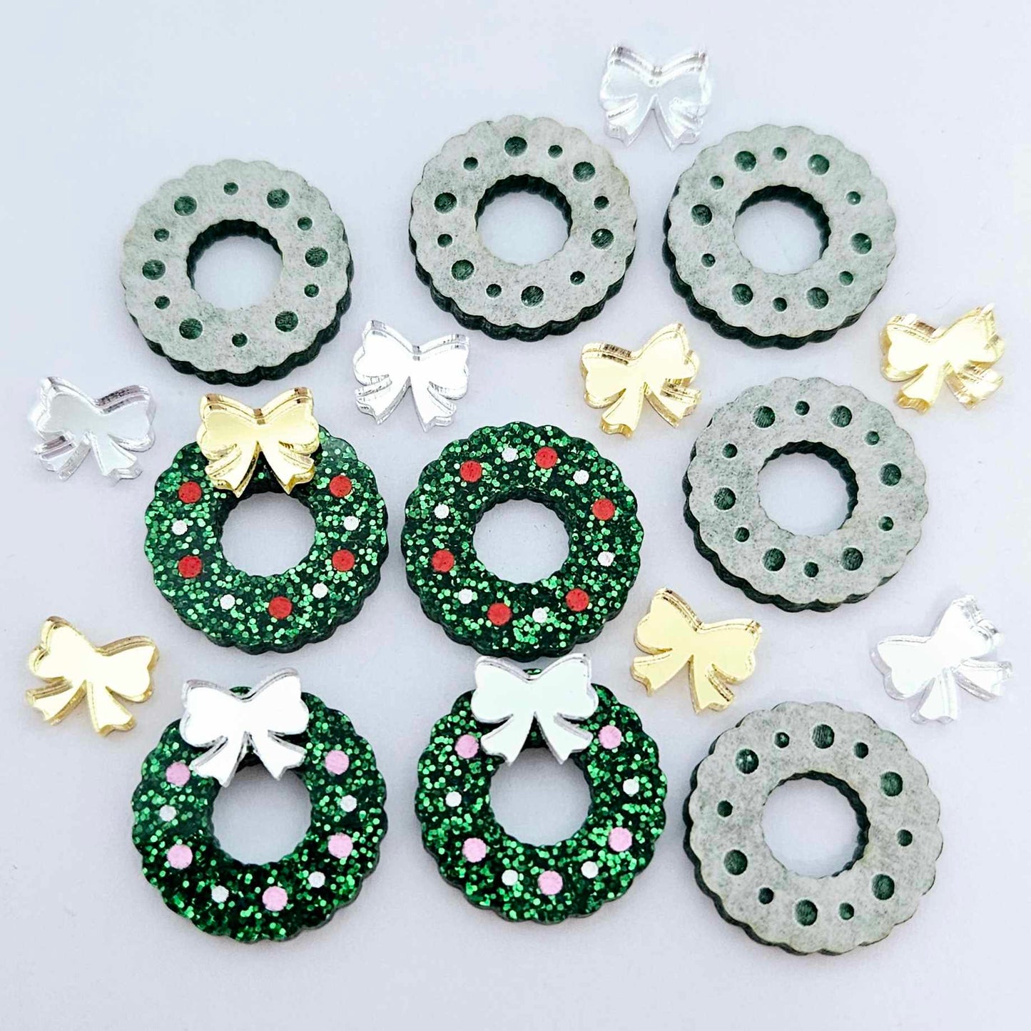 green glitter wreath Christmas Xmas silver gold mirror bows DIY earring supplies laser cut acrylic studs blanks engraved paint filled baubles statement
