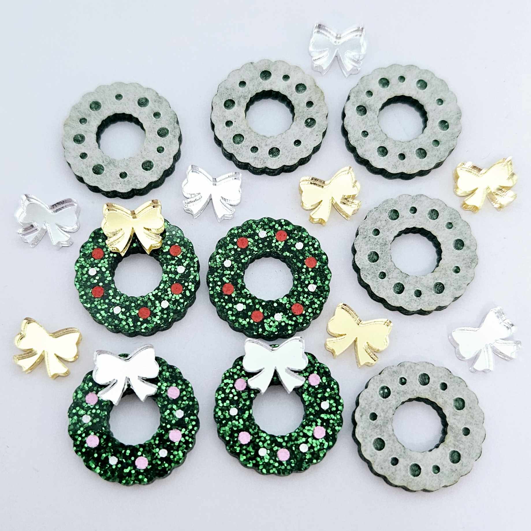 green glitter wreath Christmas Xmas silver gold mirror bows DIY earring supplies laser cut acrylic studs blanks engraved paint filled baubles statement