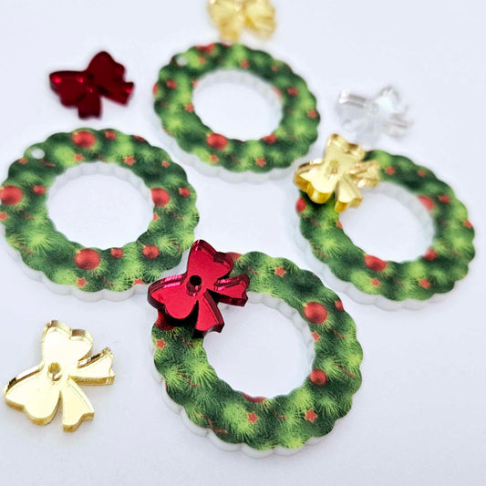 green UV print red baubles wreath Christmas Xmas bows DIY earring supplies laser cut acrylic dangles blanks engraved paint filled baubles layered hoops