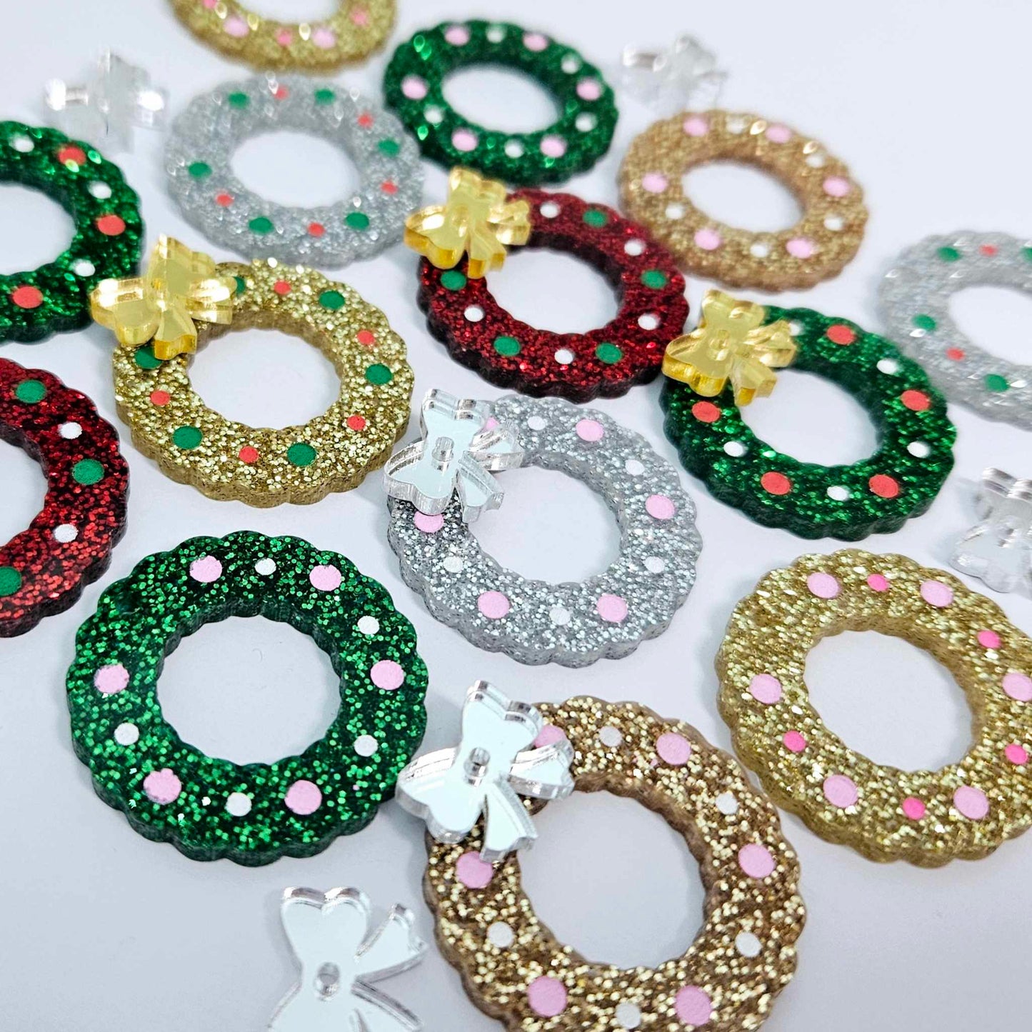 green red gold silver rose gold glitter wreath Christmas Xmas bows DIY earring supplies laser cut acrylic dangles blanks engraved paint filled baubles layered hoops mixed pack
