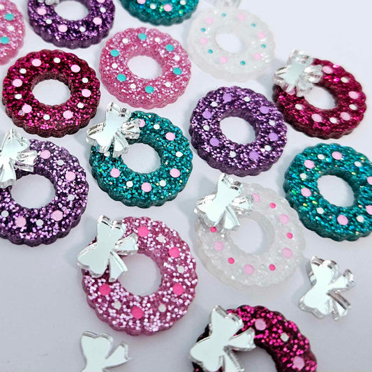 hot pink teal purple fairy dust silver clear glitter wreath Christmas Xmas silver mirror bows DIY earring supplies laser cut acrylic studs blanks engraved paint filled baubles statement mixed pack