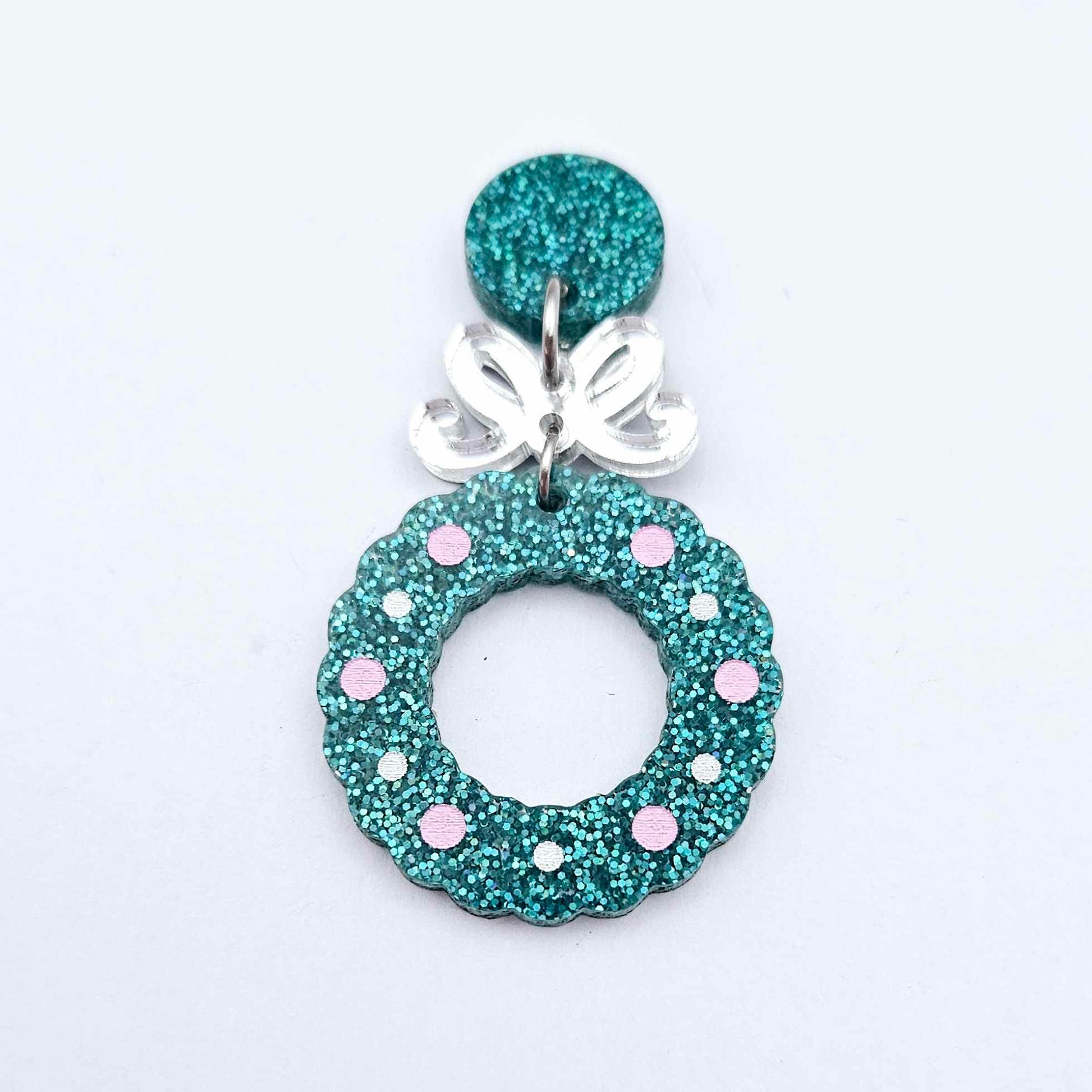 teal glitter wreath Christmas Xmas bows DIY earring supplies laser cut acrylic dangles blanks engraved paint filled baubles layered hoops