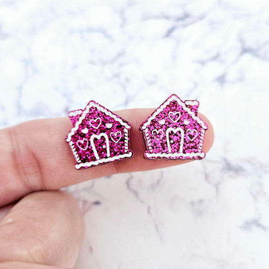 hot pink glitter gingerbread houses Christmas Xmas DIY earring supplies laser cut acrylic studs blanks engraved paint fill icing frosting