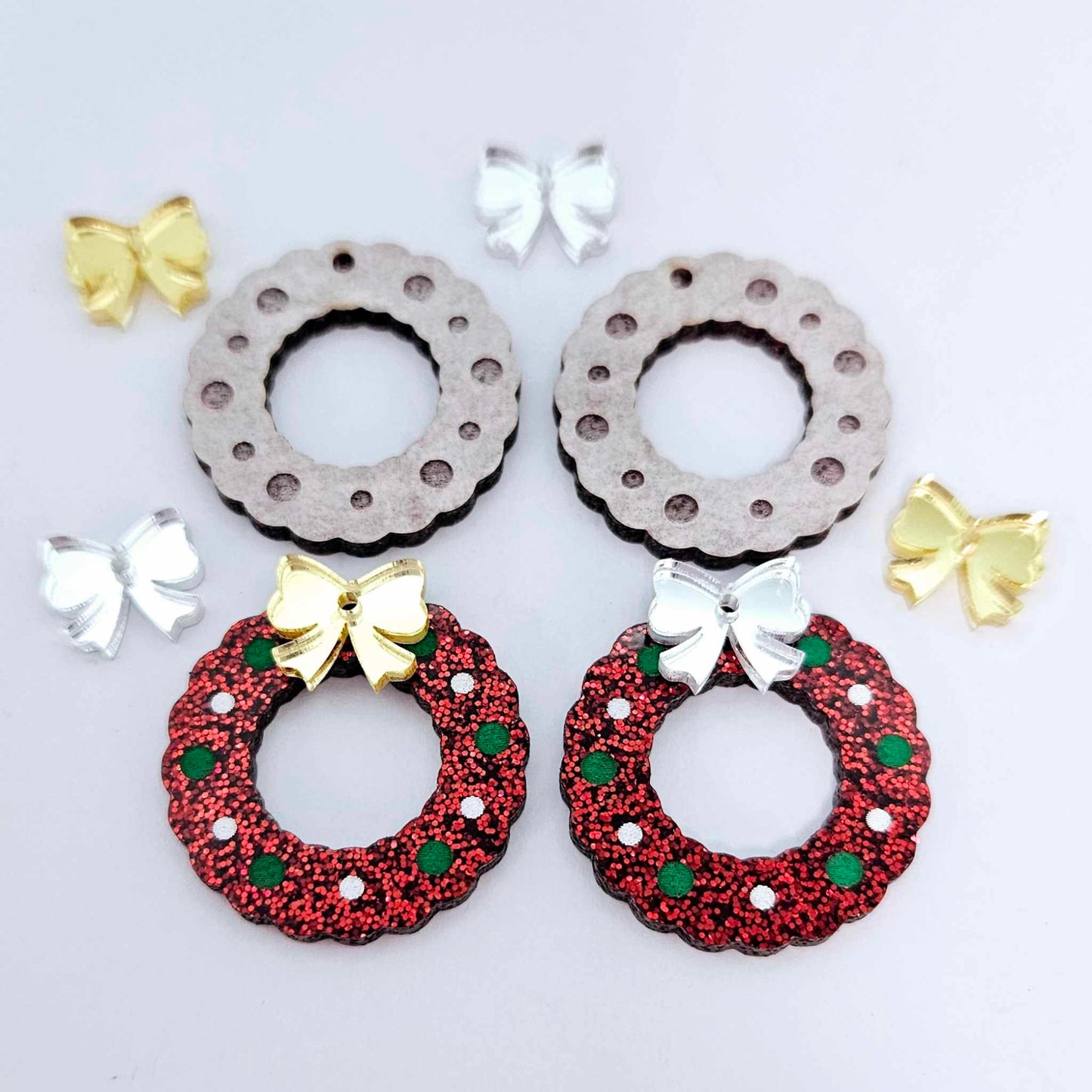 red glitter wreath Christmas Xmas bows DIY earring supplies laser cut acrylic dangles blanks engraved paint filled baubles layered hoops