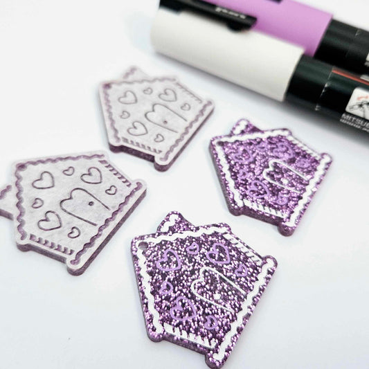 purple glitter gingerbread houses Christmas Xmas DIY earring supplies laser cut acrylic dangles blanks engraved paint fill icing frosting