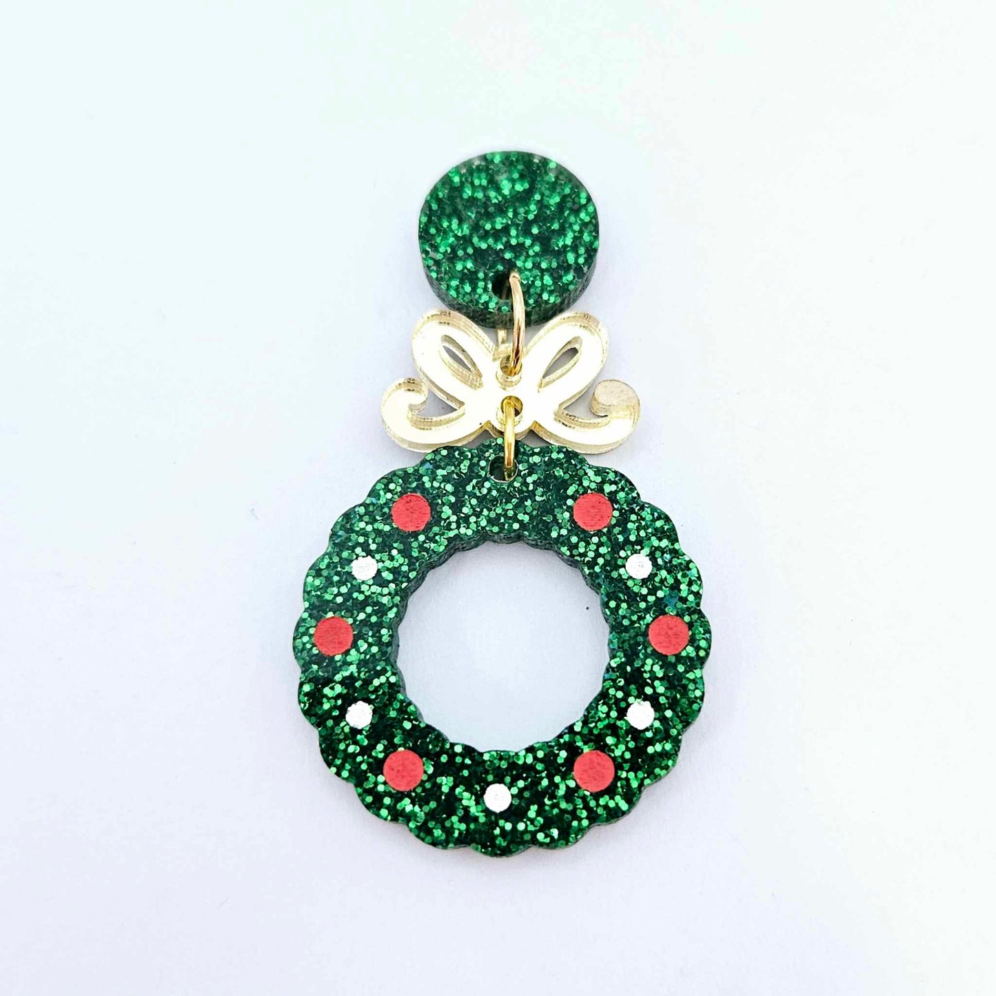 green glitter wreath Christmas Xmas bows DIY earring supplies laser cut acrylic dangles blanks engraved paint filled baubles layered hoops