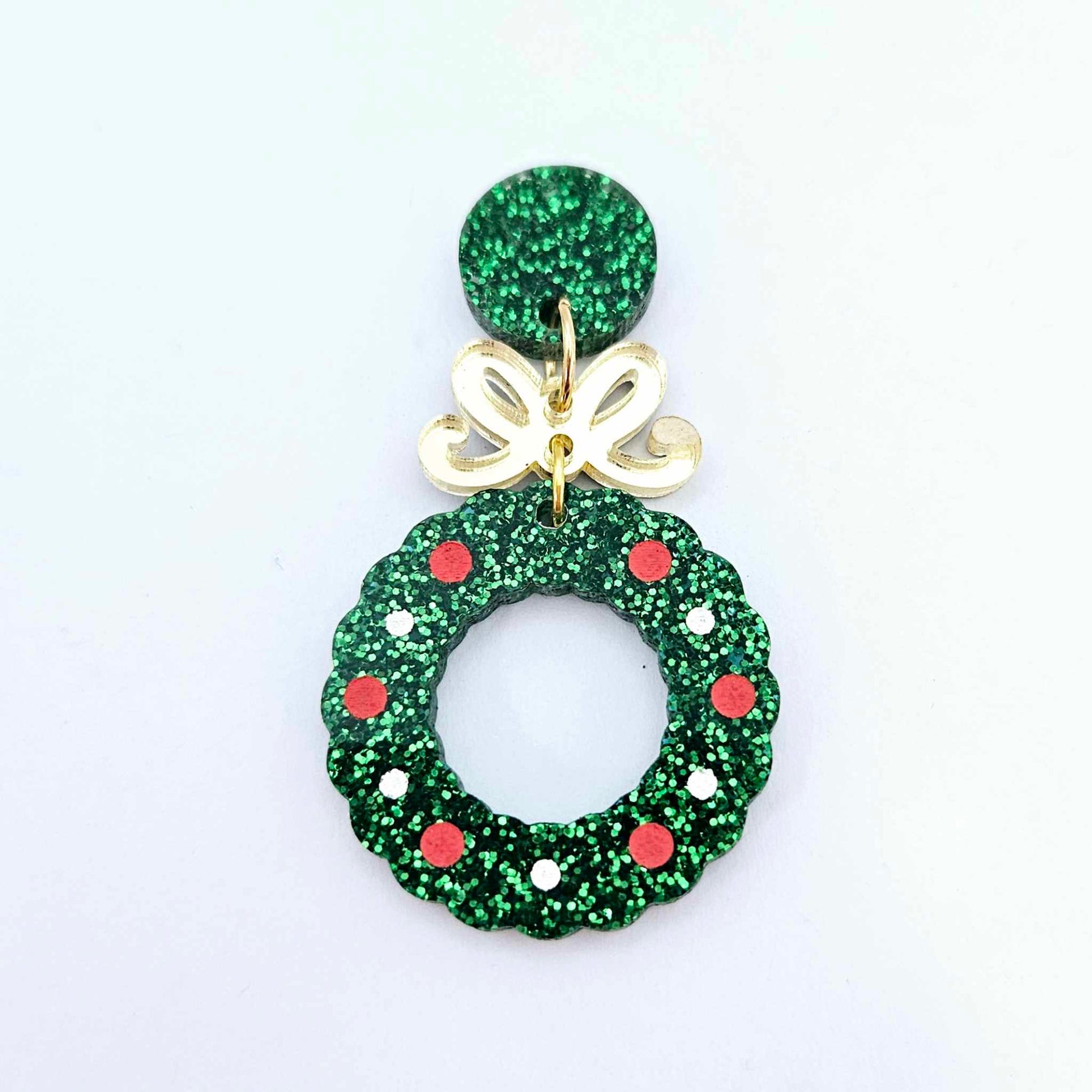 green glitter wreath Christmas Xmas bows DIY earring supplies laser cut acrylic dangles blanks engraved paint filled baubles layered hoops