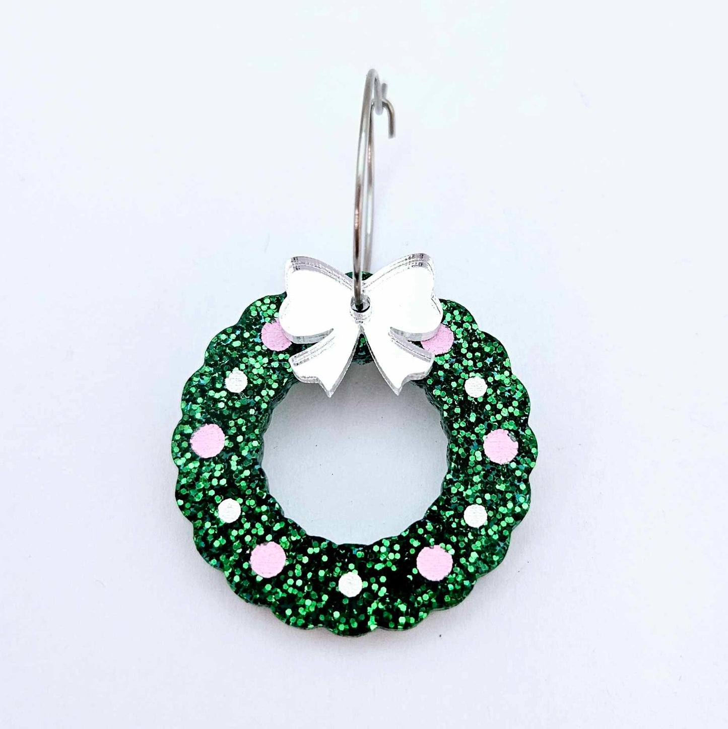 green glitter wreath Christmas Xmas bows DIY earring supplies laser cut acrylic dangles blanks engraved paint filled baubles layered hoops