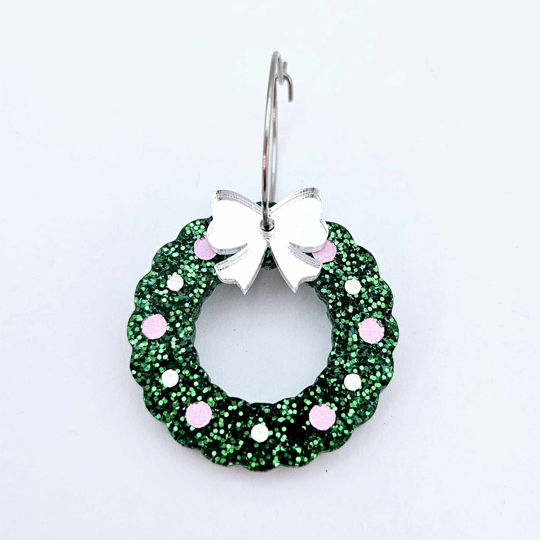green glitter wreath Christmas Xmas bows DIY earring supplies laser cut acrylic dangles blanks engraved paint filled baubles layered hoops