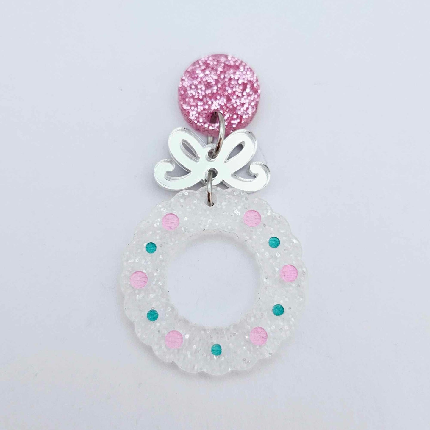 fairy dust clear silver glitter wreath Christmas Xmas bows DIY earring supplies laser cut acrylic dangles blanks engraved paint filled baubles layered hoops