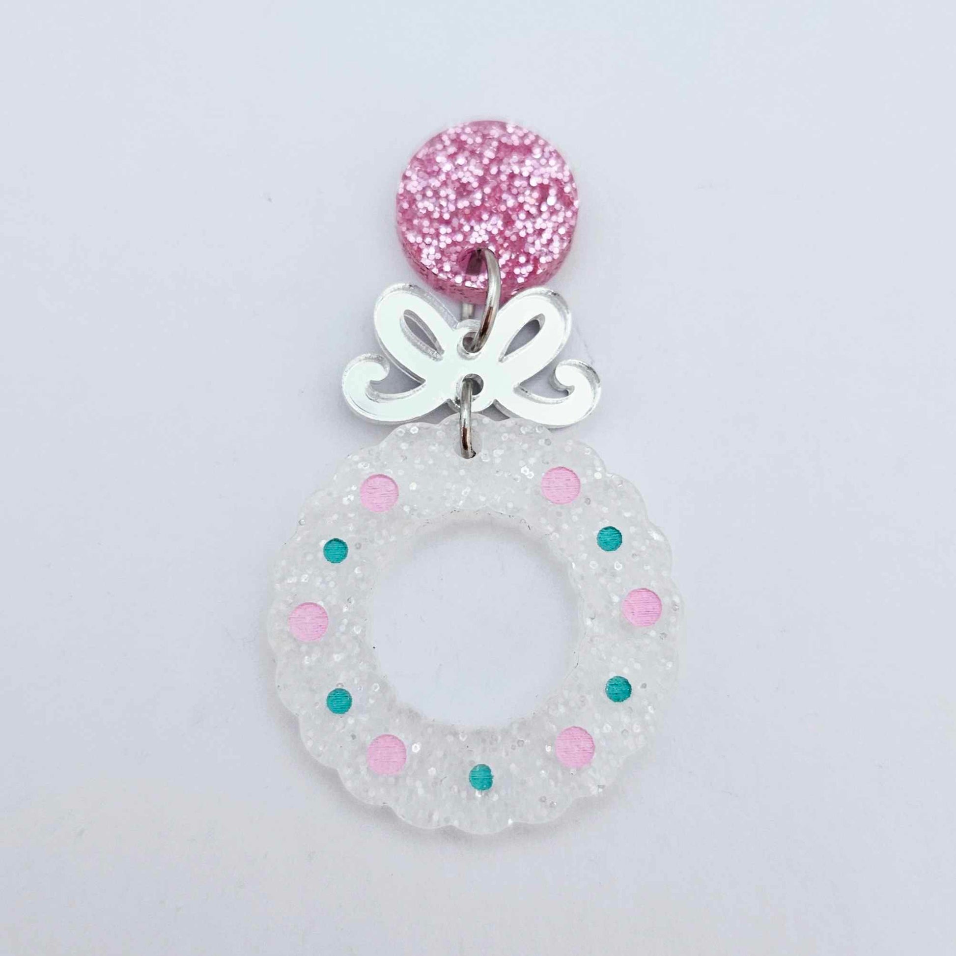 fairy dust clear silver glitter wreath Christmas Xmas bows DIY earring supplies laser cut acrylic dangles blanks engraved paint filled baubles layered hoops