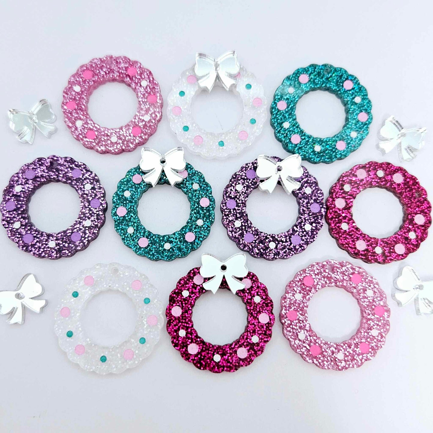 hot pink purple teal fairy dust clear silver glitter wreath Christmas Xmas bows DIY earring supplies laser cut acrylic dangles blanks engraved paint filled baubles layered hoops mixed pack