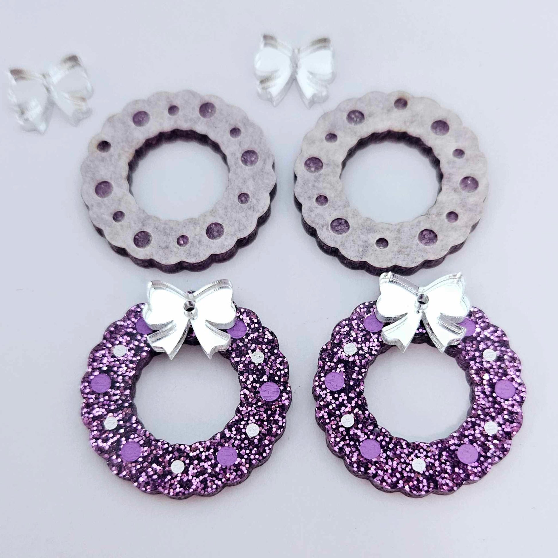 purple glitter wreath Christmas Xmas bows DIY earring supplies laser cut acrylic dangles blanks engraved paint filled baubles layered hoops