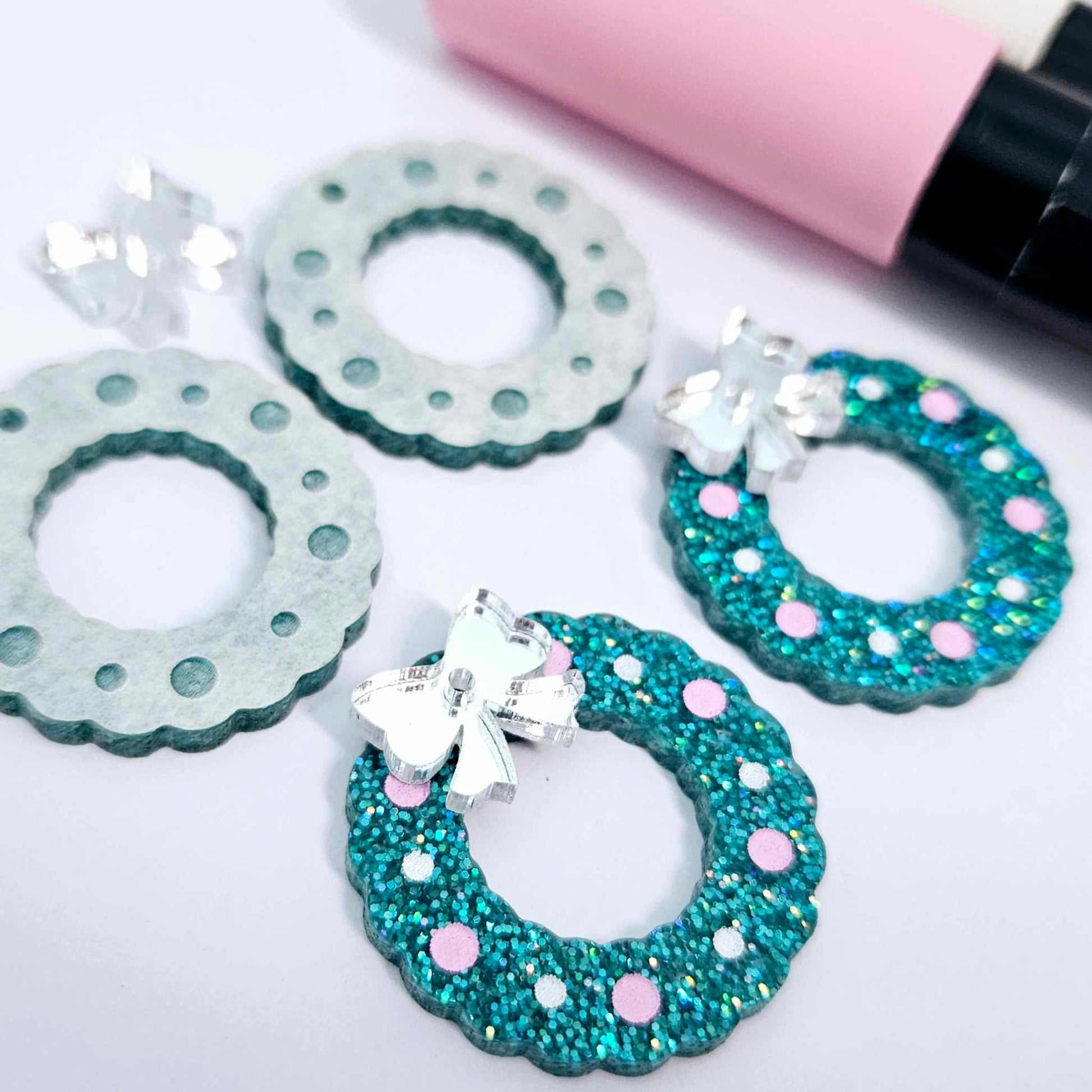hot pink purple teal fairy dust clear silver glitter wreath Christmas Xmas bows DIY earring supplies laser cut acrylic dangles blanks engraved paint filled baubles layered hoops mixed pack