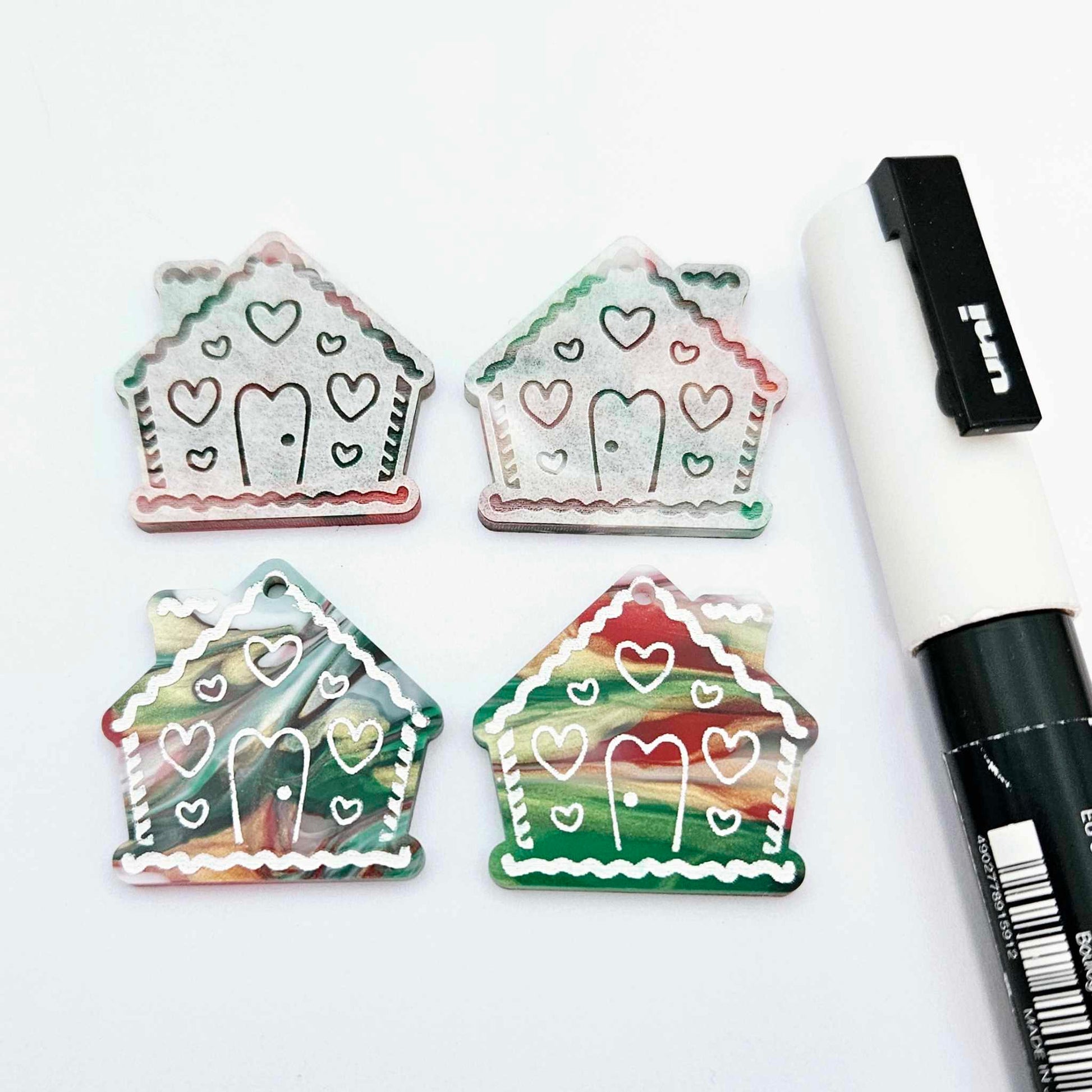 red green white gold shimmer swirl marble gingerbread houses Christmas Xmas DIY earring supplies laser cut acrylic dangles blanks engraved paint fill icing frosting