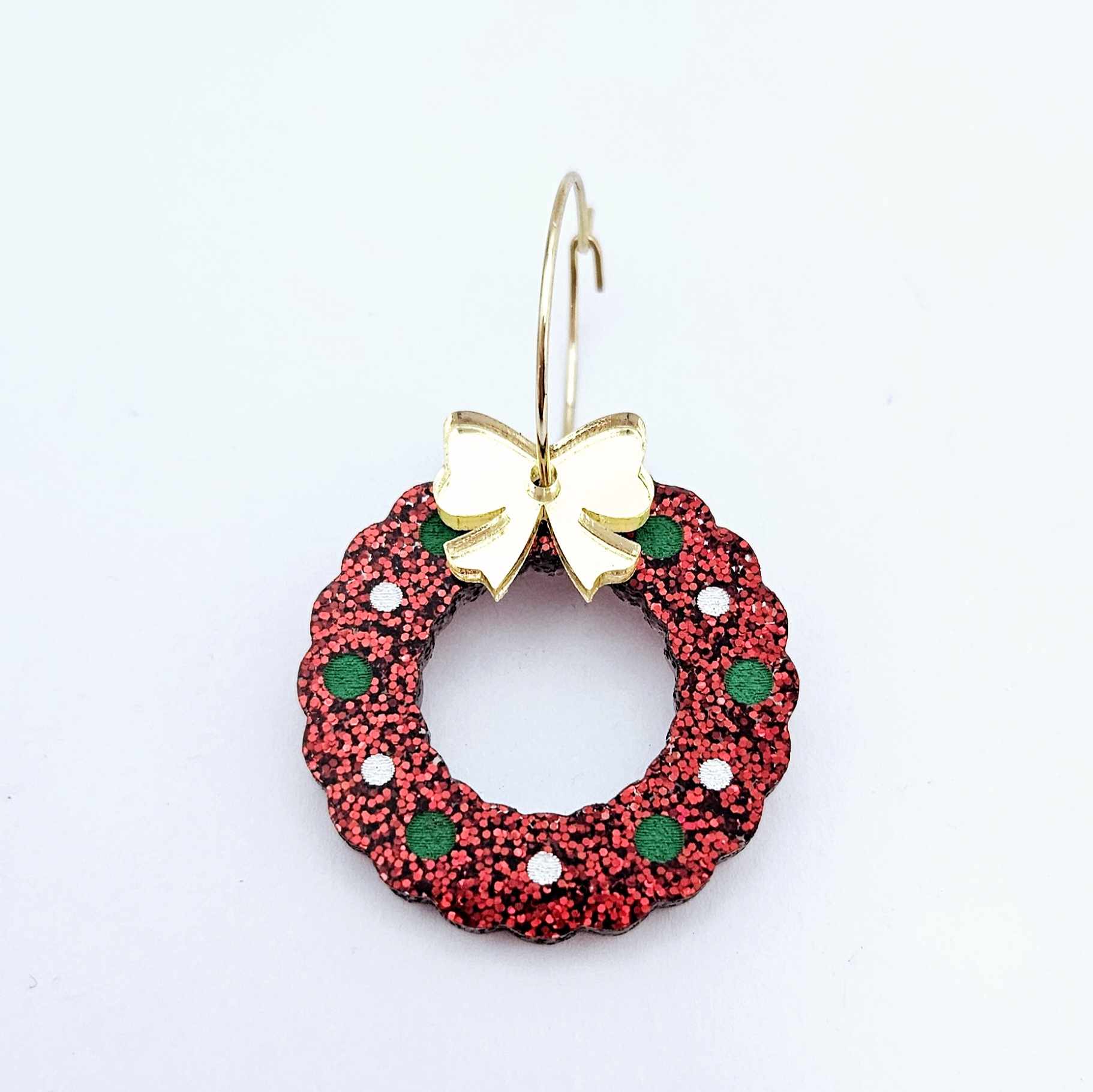 red glitter wreath Christmas Xmas bows DIY earring supplies laser cut acrylic dangles blanks engraved paint filled baubles layered hoops