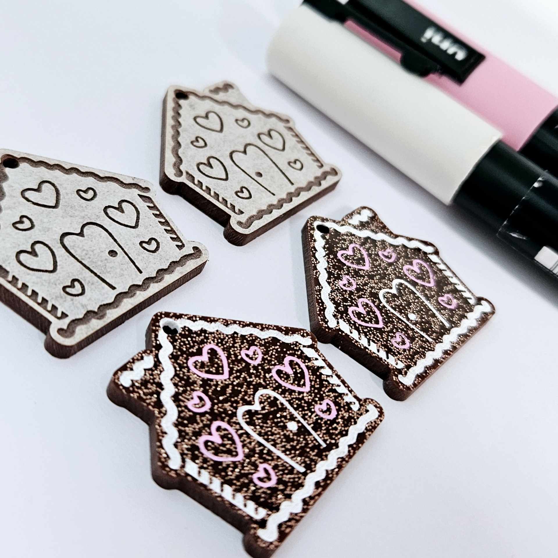 copper glitter gingerbread houses Christmas Xmas DIY earring supplies laser cut acrylic dangles blanks engraved paint fill icing frosting