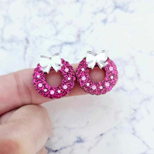 hot pink glitter wreath Christmas Xmas silver mirror bows DIY earring supplies laser cut acrylic studs blanks engraved paint filled baubles statement