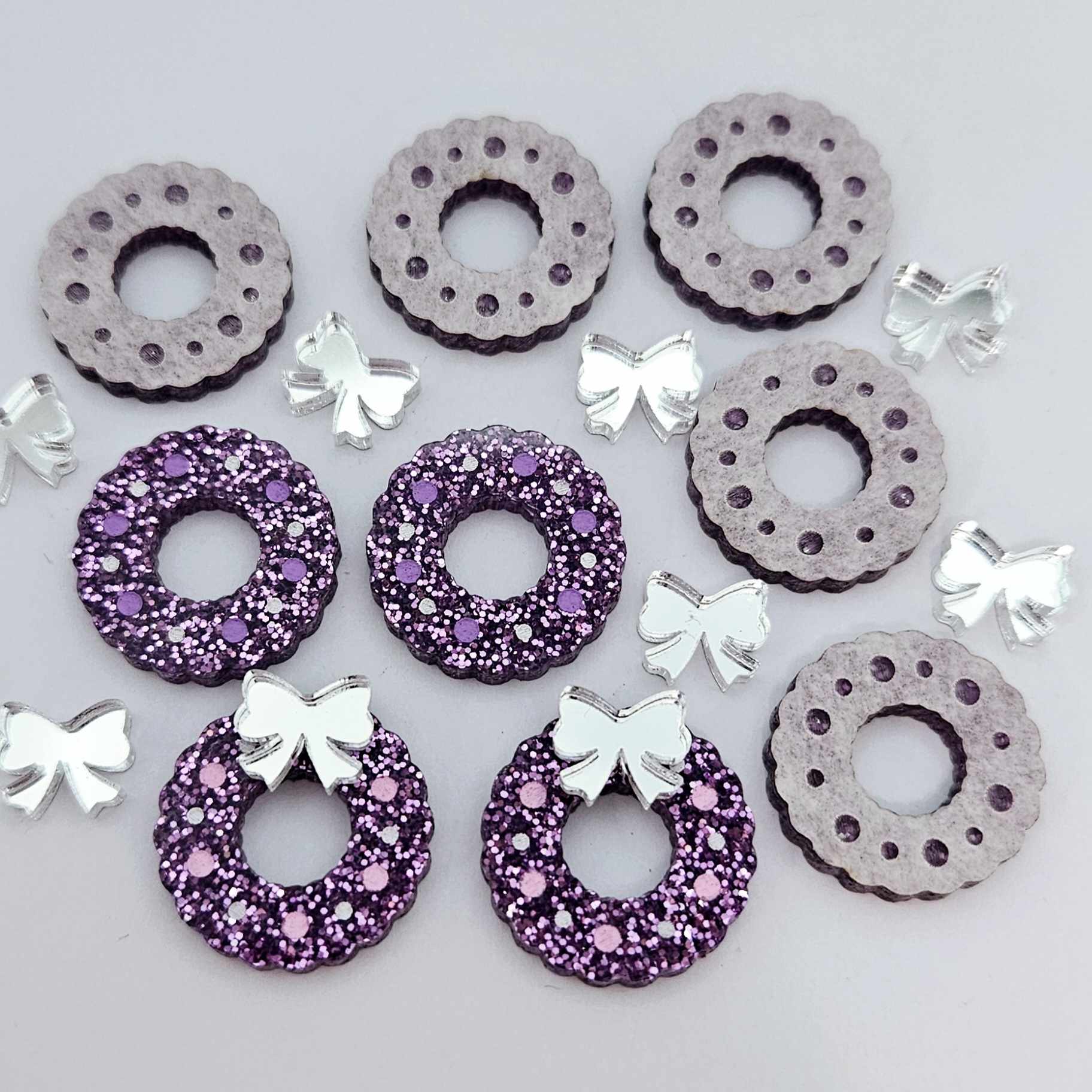 purple glitter wreath Christmas Xmas silver mirror bows DIY earring supplies laser cut acrylic studs blanks engraved paint filled baubles statement