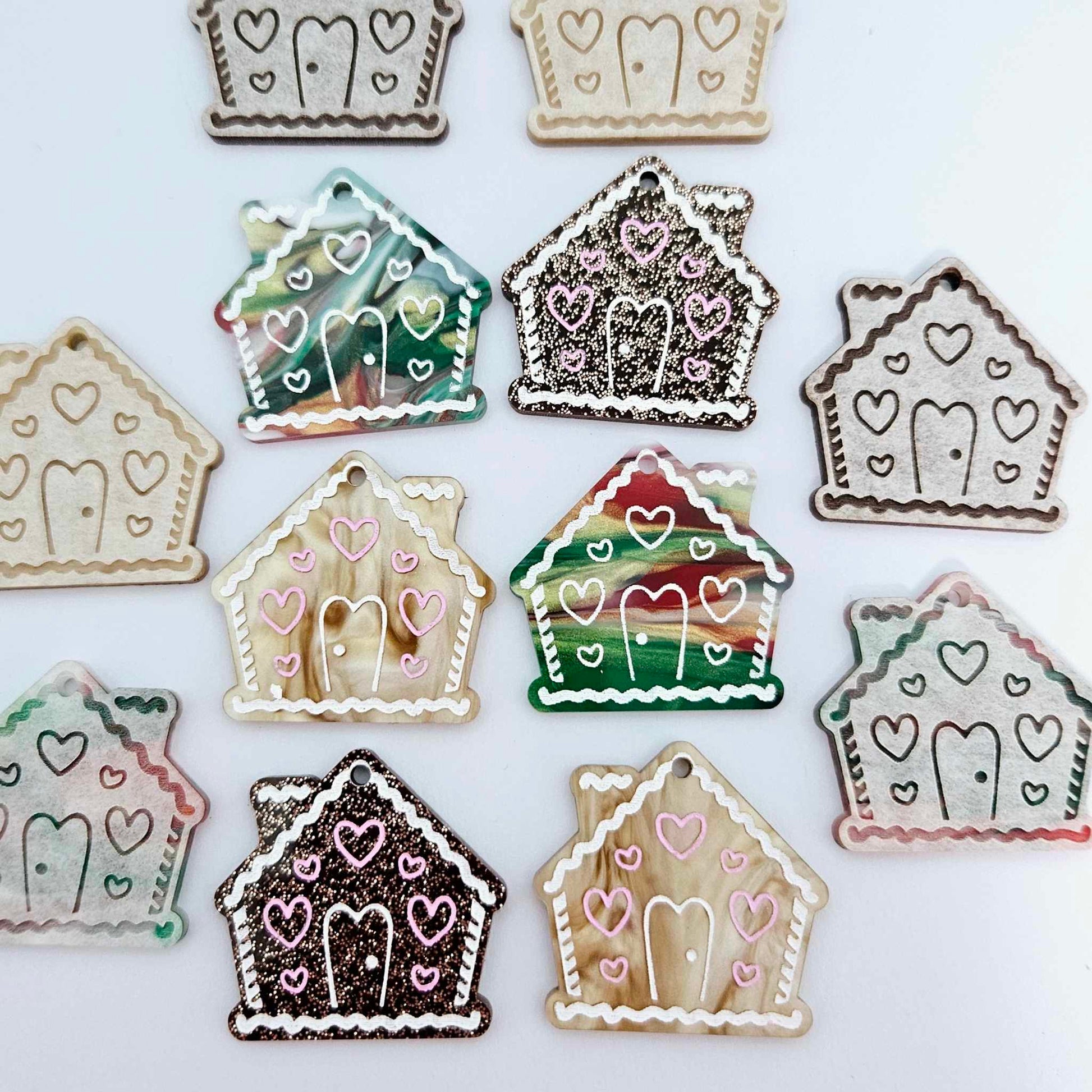 gold pearl swirl marble copper glitter gingerbread houses Christmas Xmas DIY earring supplies laser cut acrylic dangles blanks engraved paint fill icing frosting mixed pack