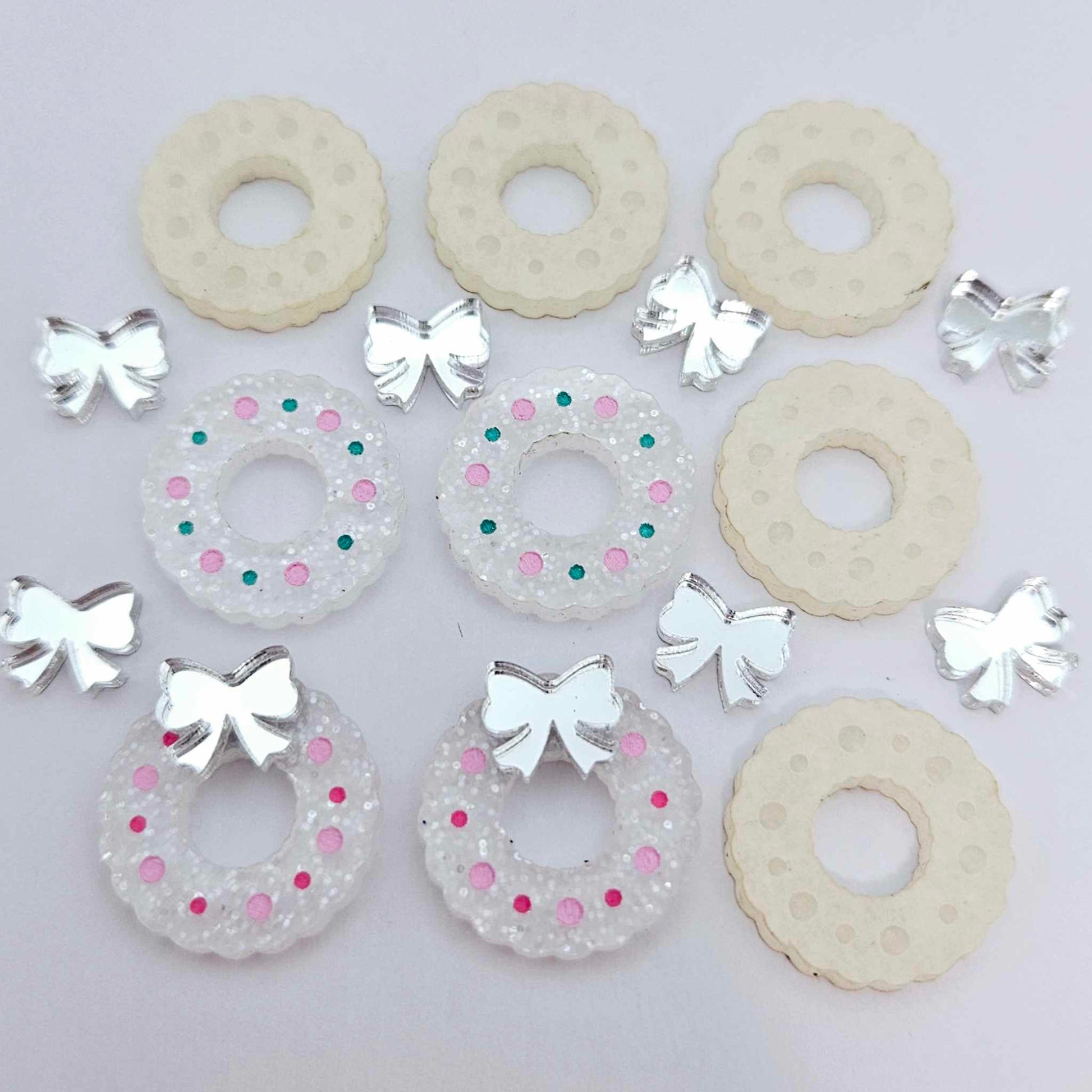 fairy dust silver clear glitter wreath Christmas Xmas silver mirror bows DIY earring supplies laser cut acrylic studs blanks engraved paint filled baubles statement