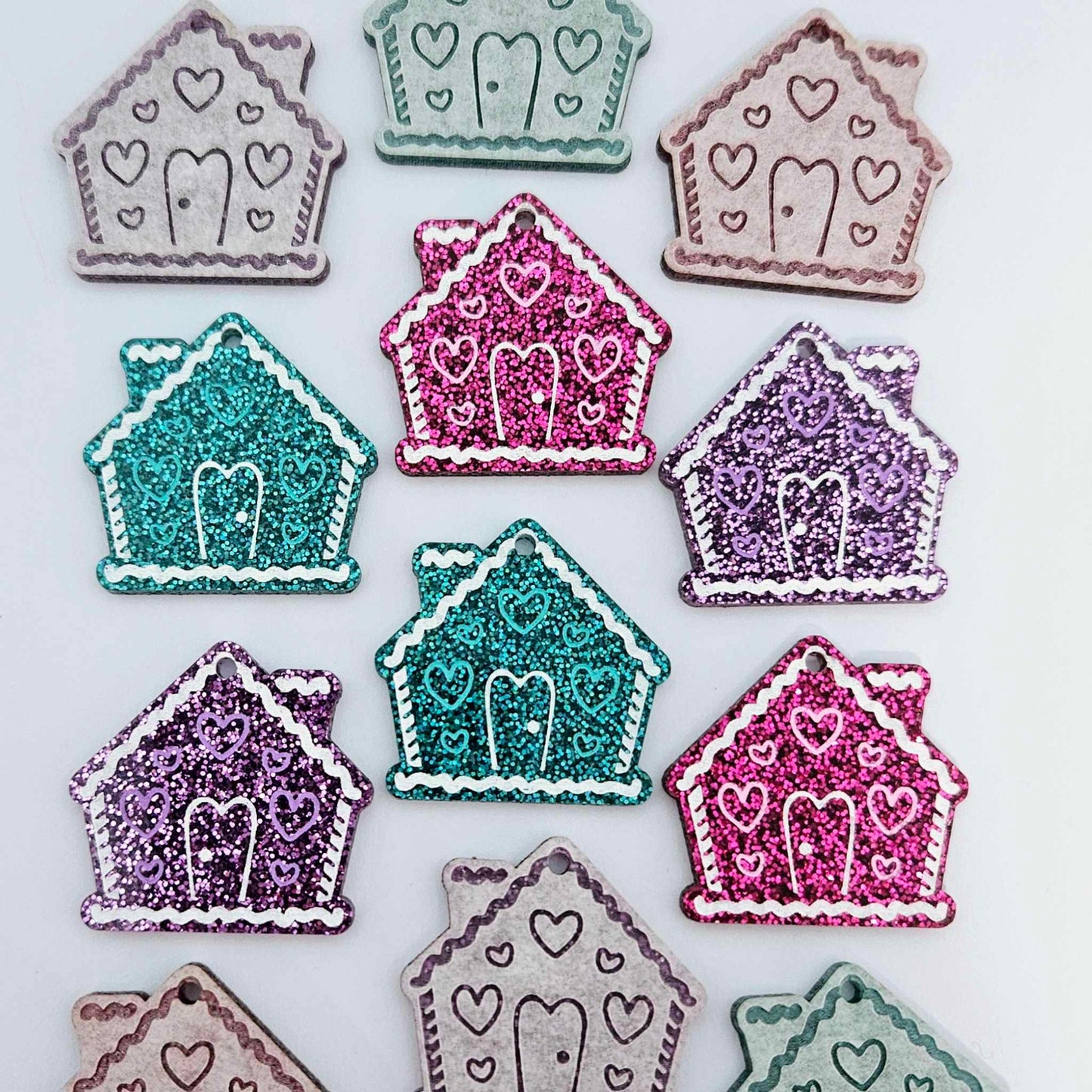 hot pink teal purple glitter gingerbread houses Christmas Xmas DIY earring supplies laser cut acrylic dangles blanks engraved paint fill icing frosting mixed pack